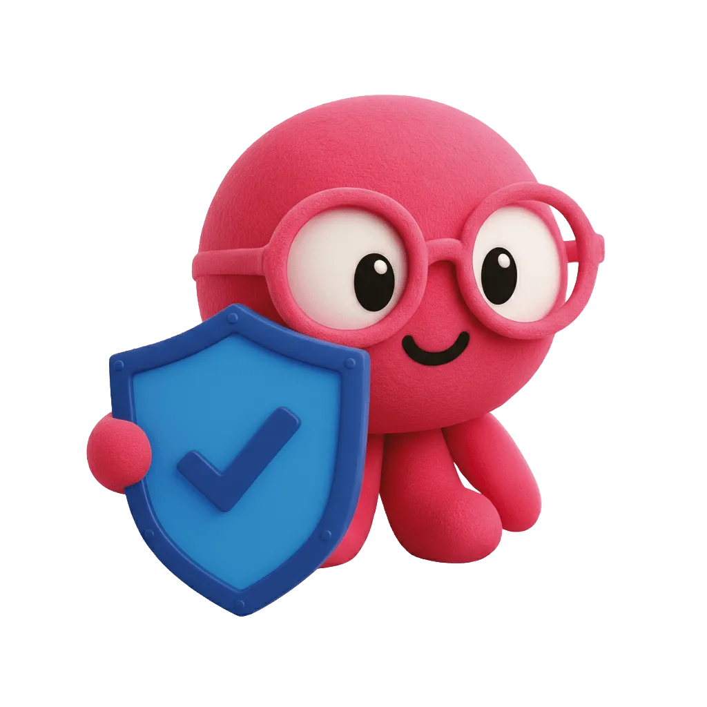 This image features a cute, pink octopus wearing glasses, holding a blue shield with a checkmark, symbolizing protection and safety.